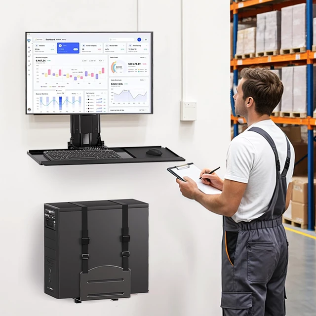 Alt view image 2 of 7 - Monitor and Keyboard Wall Mount with CPU Holder,Fits 32",55 lbs All-in-one Wall Mount Saves Desk Space, Keyboard Tray Holds 4.4 lbs, CPU Holder 22 lbs, Height Adjustable, Mouse Pad Included