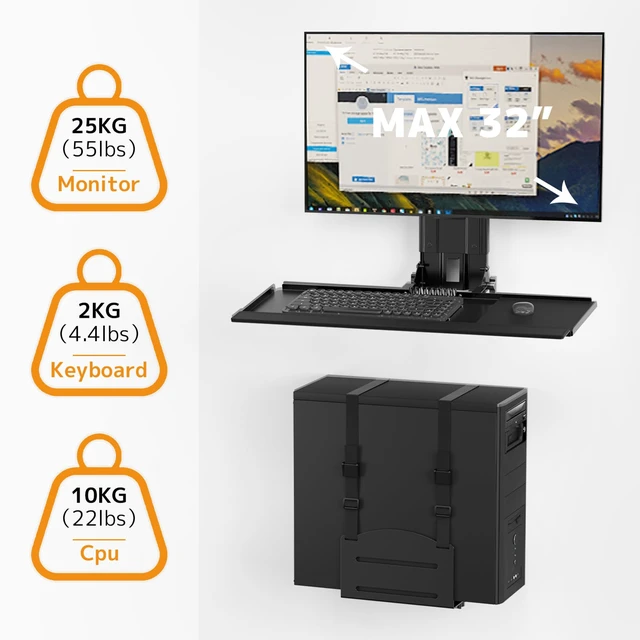 Alt view image 3 of 7 - Monitor and Keyboard Wall Mount with CPU Holder,Fits 32",55 lbs All-in-one Wall Mount Saves Desk Space, Keyboard Tray Holds 4.4 lbs, CPU Holder 22 lbs, Height Adjustable, Mouse Pad Included