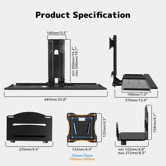 Alt view image 5 of 7 - Monitor and Keyboard Wall Mount with CPU Holder,Fits 32",55 lbs All-in-one Wall Mount Saves Desk Space, Keyboard Tray Holds 4.4 lbs, CPU Holder 22 lbs, Height Adjustable, Mouse Pad Included