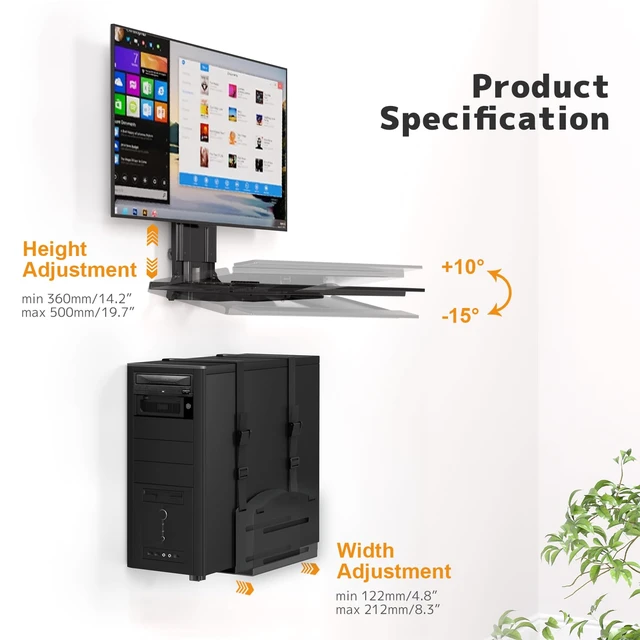 Alt view image 4 of 7 - Monitor and Keyboard Wall Mount with CPU Holder,Fits 32",55 lbs All-in-one Wall Mount Saves Desk Space, Keyboard Tray Holds 4.4 lbs, CPU Holder 22 lbs, Height Adjustable, Mouse Pad Included