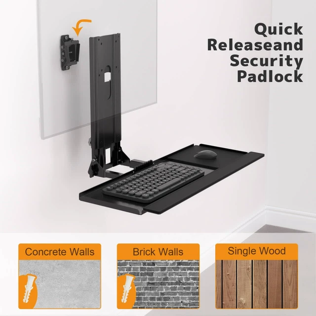Alt view image 7 of 7 - Monitor and Keyboard Wall Mount with CPU Holder,Fits 32",55 lbs All-in-one Wall Mount Saves Desk Space, Keyboard Tray Holds 4.4 lbs, CPU Holder 22 lbs, Height Adjustable, Mouse Pad Included