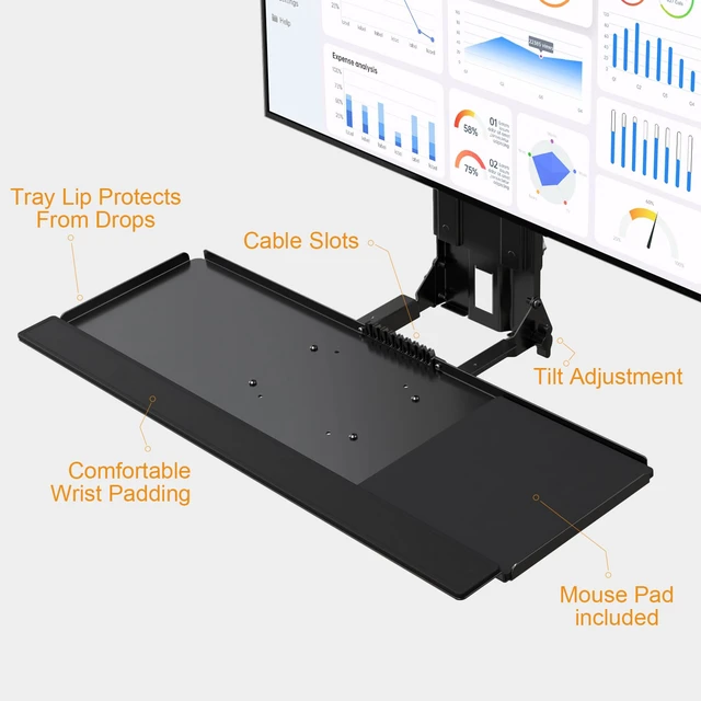 Alt view image 6 of 7 - Monitor and Keyboard Wall Mount with CPU Holder,Fits 32",55 lbs All-in-one Wall Mount Saves Desk Space, Keyboard Tray Holds 4.4 lbs, CPU Holder 22 lbs, Height Adjustable, Mouse Pad Included