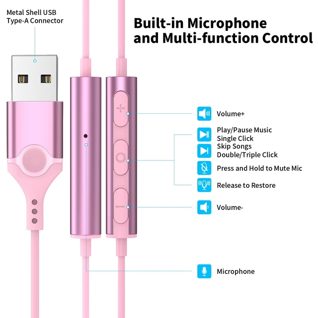Alt view image 3 of 7 - USB Headphones with Mic for Laptop PC, 7.5ft Magnetic Wired Earbuds Pink Noise Isolation in-Ear Earphones with Mute Volume Control Stereo Bass for Dell/HP/Acer/Chromebook/Desktop/Zoom Meeting/School