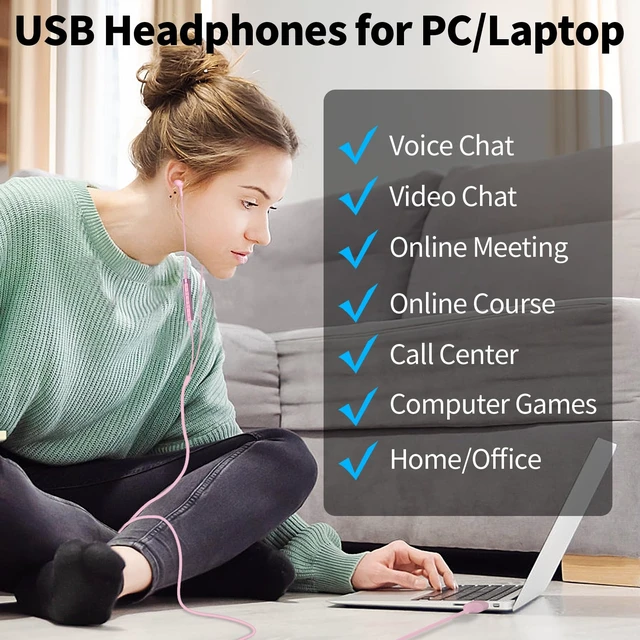 Alt view image 4 of 7 - USB Headphones with Mic for Laptop PC, 7.5ft Magnetic Wired Earbuds Pink Noise Isolation in-Ear Earphones with Mute Volume Control Stereo Bass for Dell/HP/Acer/Chromebook/Desktop/Zoom Meeting/School