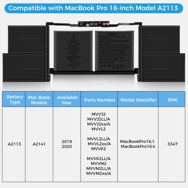 Alt view image 3 of 7 - A2113 Battery,A2141 Battery Replacement for MacBook Pro 16 Inch A2141 Retina Series (Year 2019 2020) EMC 3347(Upgraded High Performance 8790mAh 11.36V 98.8Wh)