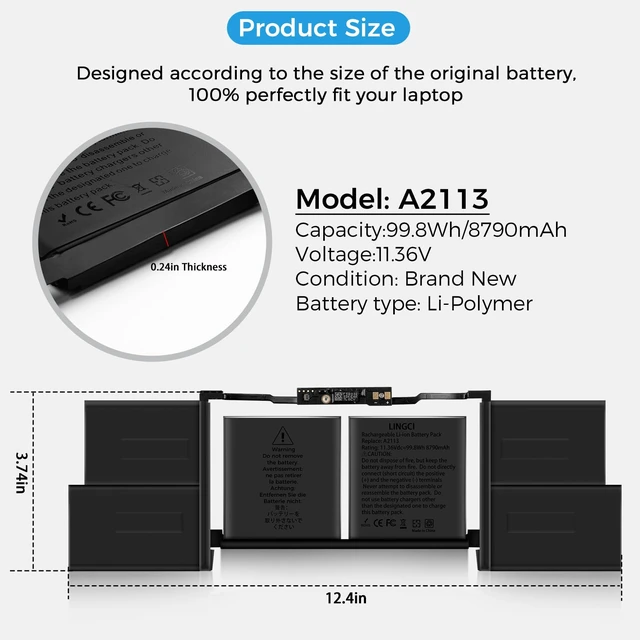Alt view image 5 of 7 - A2113 Battery,A2141 Battery Replacement for MacBook Pro 16 Inch A2141 Retina Series (Year 2019 2020) EMC 3347(Upgraded High Performance 8790mAh 11.36V 98.8Wh)