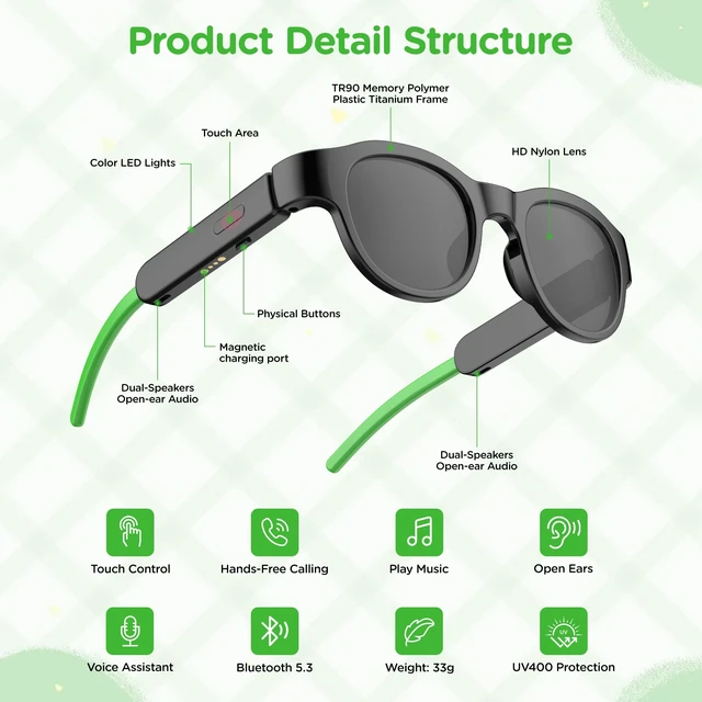 Alt view image 2 of 6 - Kids Smart Glasses with LED Lights, Bluetooth 5.4 Open-Ear Audio, Touch Control, Magnetic Charging, Ages 3-12 (Color Blocking)