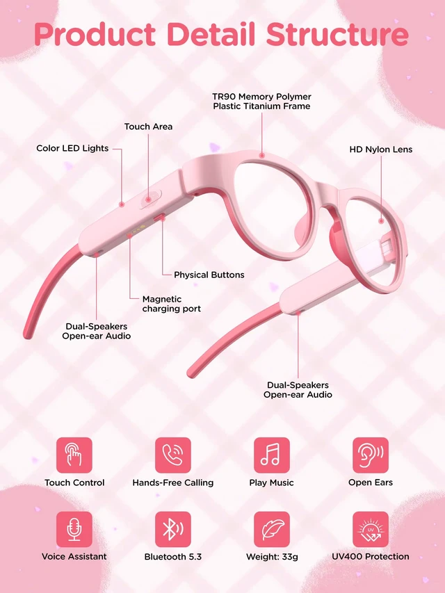 Alt view image 2 of 6 - Kids Smart Glasses with LED Lights, Bluetooth 5.4 Open-Ear Audio, Touch Control, Magnetic Charging, Ages 6-12 (Pink)