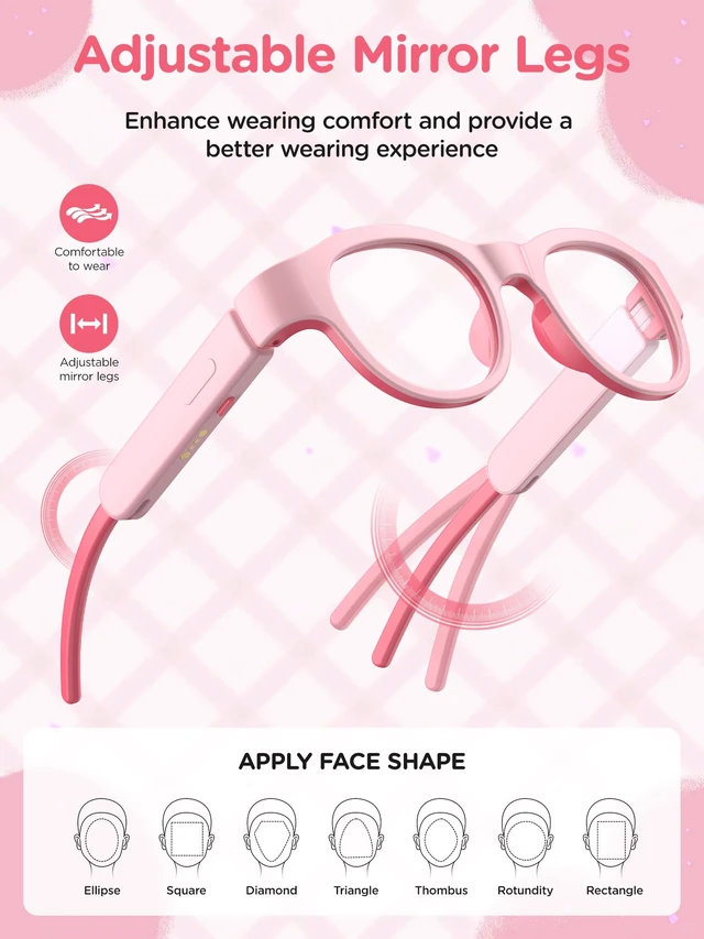 Alt view image 3 of 6 - Kids Smart Glasses with LED Lights, Bluetooth 5.4 Open-Ear Audio, Touch Control, Magnetic Charging, Ages 6-12 (Pink)