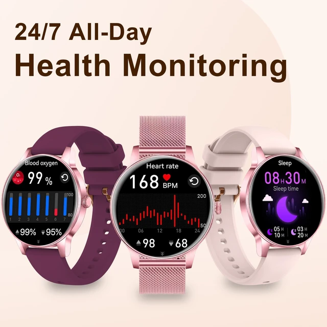 Alt view image 4 of 7 - Smart Watches for Women (iPhone/Android), 3 Bands, 1.27" HD Round Fitness Watch Make and Answer Calls, IP68 Waterproof, Heart Rate/Sleep Monitor, 110+ Sports Modes, Lightweight,Pink