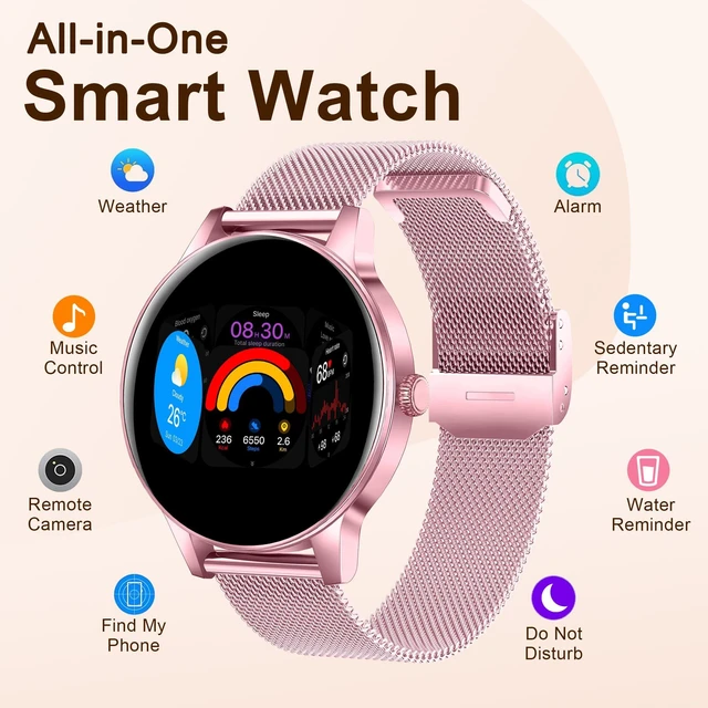 Alt view image 7 of 7 - Smart Watches for Women (iPhone/Android), 3 Bands, 1.27" HD Round Fitness Watch Make and Answer Calls, IP68 Waterproof, Heart Rate/Sleep Monitor, 110+ Sports Modes, Lightweight,Pink