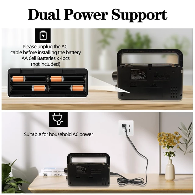 Alt view image 4 of 7 - Portable AM/FM/SW Radio with Bluetooth, AC/Battery Powered, Black Transistor Radio with Big Speaker, Large Dial, High/Low Tone Mode, Earphone Jack, Flashlight for Home and Outdoor