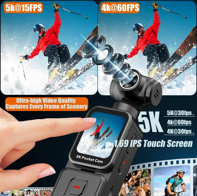 Alt view image 5 of 7 - Pocket Vlogging Camera 5K with Remote Control, 64GB Card Vlog Action Body Cam with Face Detection, Automatic Rotating Lens, Rotatable Touch Screen, External Mic, Remote Control
