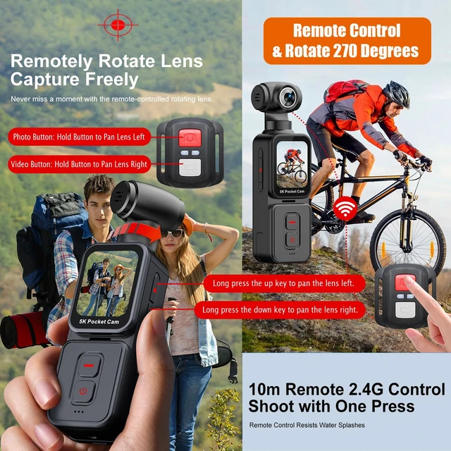 Alt view image 7 of 7 - Pocket Vlogging Camera 5K with Remote Control, 64GB Card Vlog Action Body Cam with Face Detection, Automatic Rotating Lens, Rotatable Touch Screen, External Mic, Remote Control