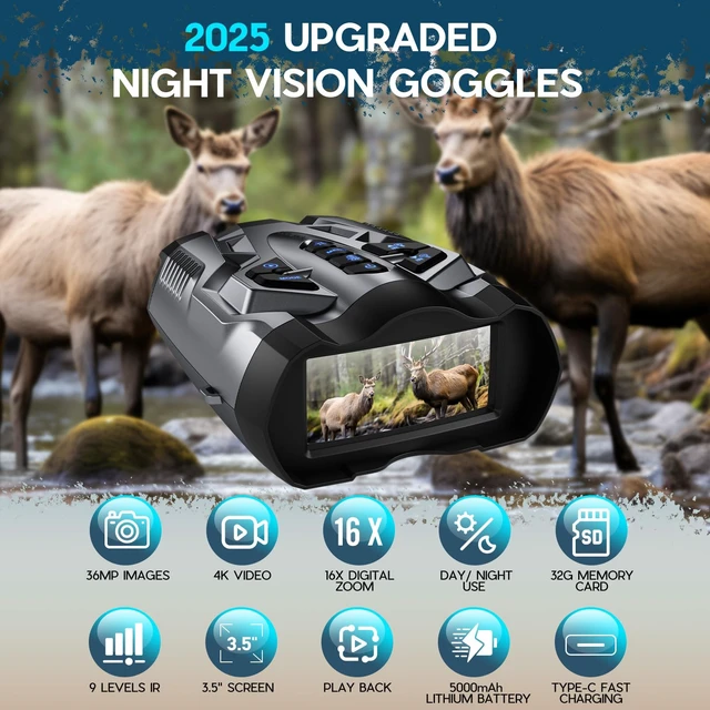 Alt view image 2 of 7 - 4K Night Vision Goggles for Adult,16X Zoom Night Vision Binoculars with 1000FT Infrared Range,5000mAh Rechargeable Battery,3.5" Screen,Include 32GB Card,Gift for Mens and Outdoor Enthusiasts