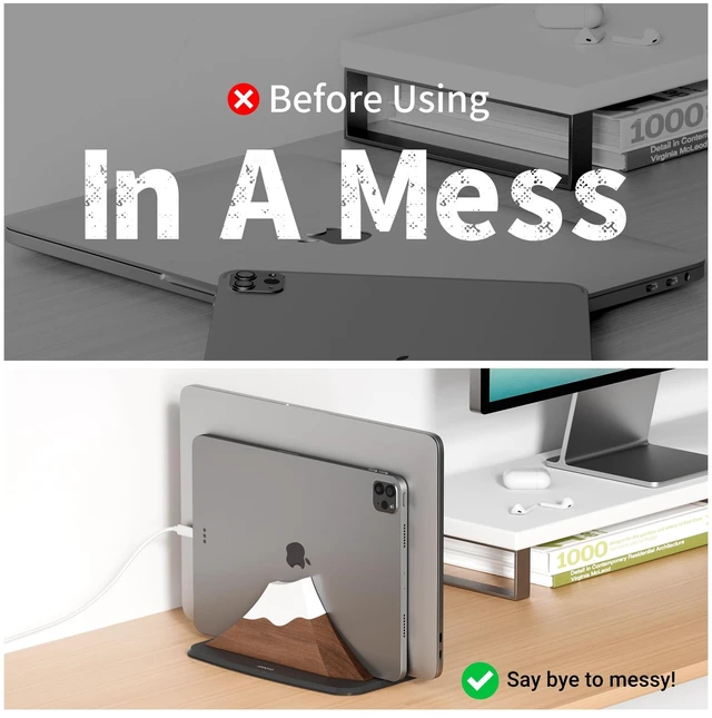 Alt view image 6 of 7 - Vertical Laptop Stand - Snow Peak-Shaped Wooden Holder Dock Compatible with MacBook, Surface, Chromebook, Dell & More - Space-Saving Design for All Laptops,Walnut Finish