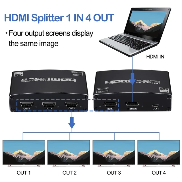 Alt view image 2 of 7 - HDMI Splitter 1 in 4 Out, 1x4 HDMI Splitter Audio Video Distributor Box Support 3D & 4K x 2K Compatible for HDTV, STB, DVD, PS3, Projector Etc
