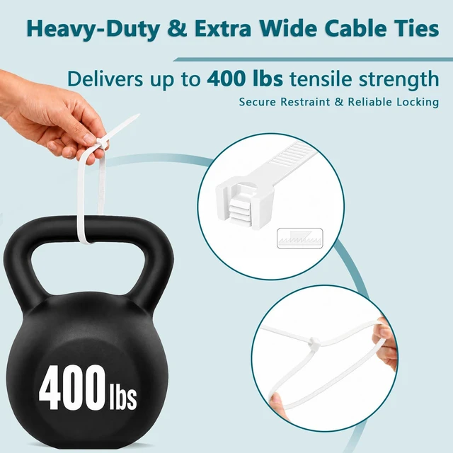 Alt view image 3 of 7 - 24 Inch Zip Ties,100 Pcs White Self Locking Cable Zip Heavy Duty 12mm Wide UV Resistant Nylon 66 Wire Ties for Outdoor Cable Management, Fence, Tarps, Garden