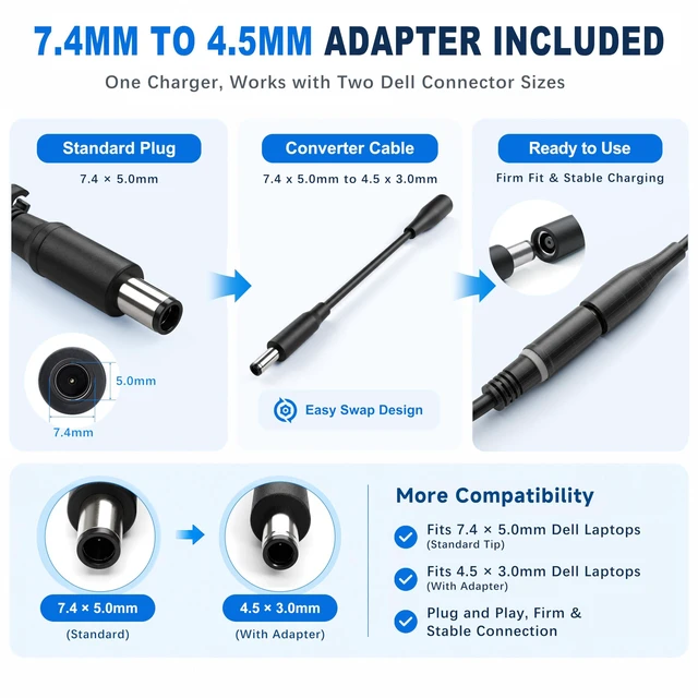 Alt view image 6 of 7 - 65W Laptop Charger Compatible with Dell Latitude Inspiron 7.4/4.5mm 19.5V 3.34A Adapter For XPS 13 5400 5480 5490 5500 5590 7480 7490 E5400 E5420 LA65NM130 HA65NM130 7.4 & 4.5mm Tips Included