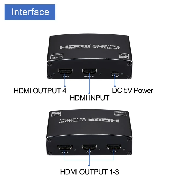 Alt view image 5 of 7 - HDMI Splitter 1 in 4 Out, 1x4 HDMI Splitter Audio Video Distributor Box Support 3D & 4K x 2K Compatible for HDTV, STB, DVD, PS3, Projector Etc