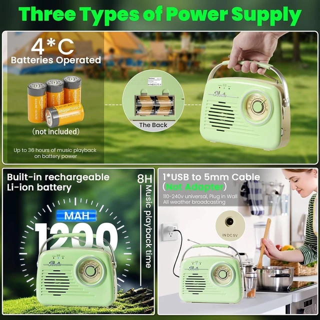 Alt view image 7 of 7 - Radios Portable AM FM, Battery Powered, Retro Vintage Radio with Bluetooth, Easy to Use Large Dial for Home/Outdoor/Kitchen (Green)