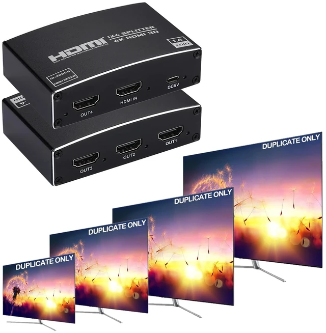 Main image of HDMI Splitter 1 in 4 Out, 1x4 HDMI Splitter Audio Video Distributor Box Support 3D & 4K x 2K Compatible for HDTV, STB, DVD, PS3, Projector Etc