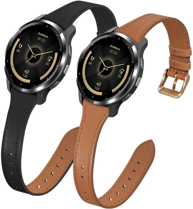 Main image of 18mm Slim Leather Band Compatible with Garmin Venu 3S/Venu 4 41mm/Venu 2S, 2 Pack Leather Band Slim Thin Strap for Vivoactive 4S/Vivomove 3S/Forerunner 255S/Forerunner 265S Women