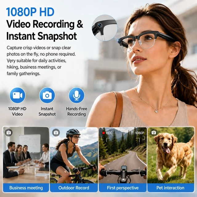 Alt view image 2 of 7 - AI Smart Glasses with Camera and Bluetooth,8MP HD Video Record Glasses 300mAh Battery,AI Voice Assistant,Real-TimeTranslation AI Object Recognition,Camera Glasses for Men and Women,Travel, Work
