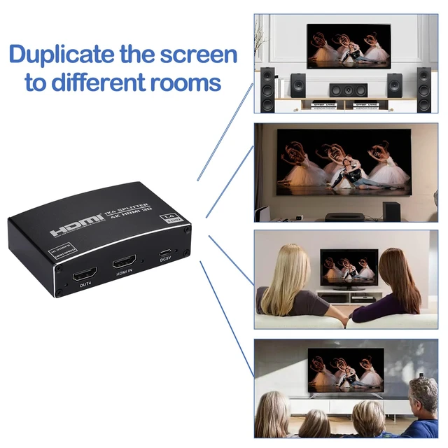 Alt view image 7 of 7 - HDMI Splitter 1 in 4 Out, 1x4 HDMI Splitter Audio Video Distributor Box Support 3D & 4K x 2K Compatible for HDTV, STB, DVD, PS3, Projector Etc