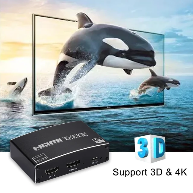 Alt view image 6 of 7 - HDMI Splitter 1 in 4 Out, 1x4 HDMI Splitter Audio Video Distributor Box Support 3D & 4K x 2K Compatible for HDTV, STB, DVD, PS3, Projector Etc