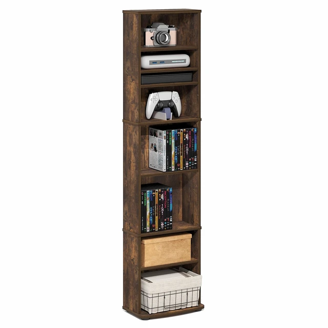 Alt view image 5 of 7 - Jaya DVD Shelf, 8-Tier Tall Narrow CD Rack, Amber Oak Media Shelf with Adjustable Shelves, Storage Cabinets for CD Bluray Game Disc, Easy Assembly, for Living Room, Home Office