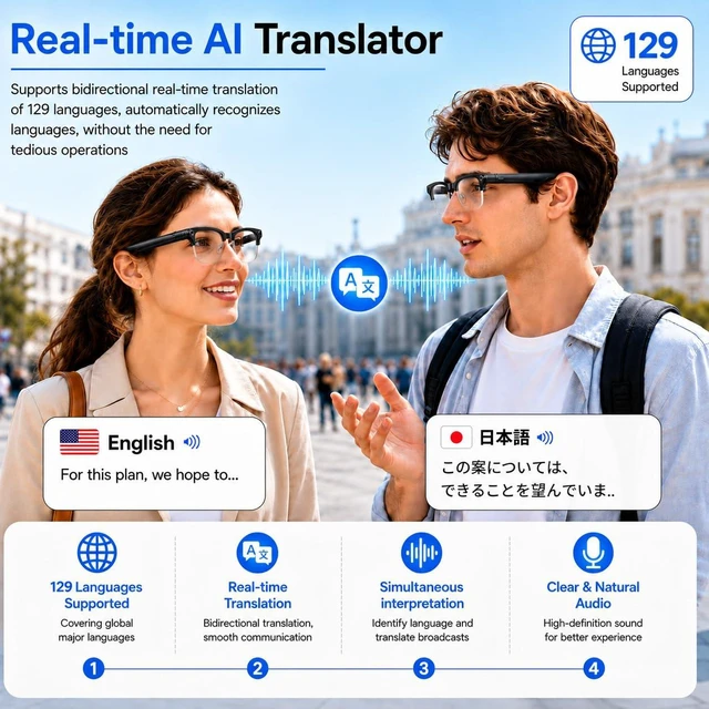 Alt view image 3 of 7 - AI Smart Glasses with Camera and Bluetooth,8MP HD Video Record Glasses 300mAh Battery,AI Voice Assistant,Real-TimeTranslation AI Object Recognition,Camera Glasses for Men and Women,Travel, Work
