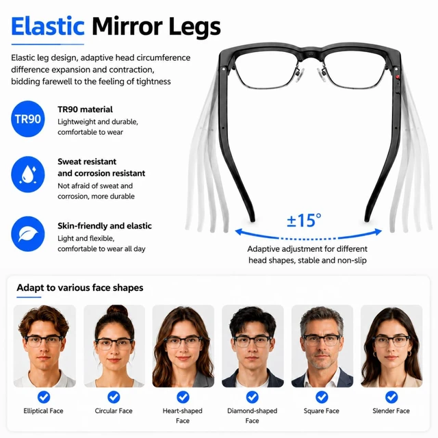 Alt view image 6 of 7 - AI Smart Glasses with Camera and Bluetooth,8MP HD Video Record Glasses 300mAh Battery,AI Voice Assistant,Real-TimeTranslation AI Object Recognition,Camera Glasses for Men and Women,Travel, Work