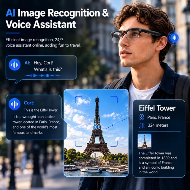 Alt view image 4 of 7 - AI Smart Glasses with Camera and Bluetooth,8MP HD Video Record Glasses 300mAh Battery,AI Voice Assistant,Real-TimeTranslation AI Object Recognition,Camera Glasses for Men and Women,Travel, Work