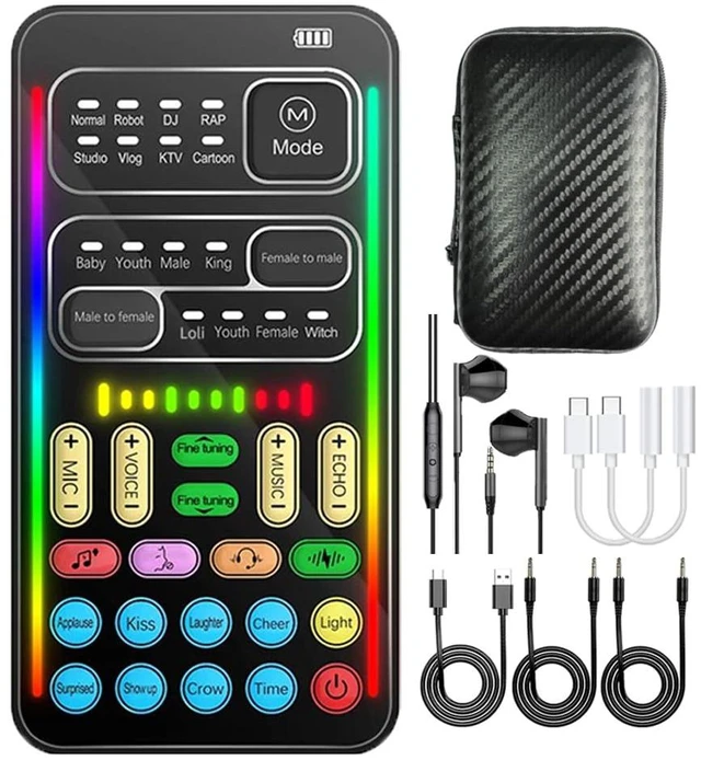 Main image of I9 Voice Changer Sound Card Kit with Wired Headset for Gaming & Streaming Plug-and-play kit with 8 voice and 8 sound effects plus a wired headset with mic; no separate microphone or headphones needed
