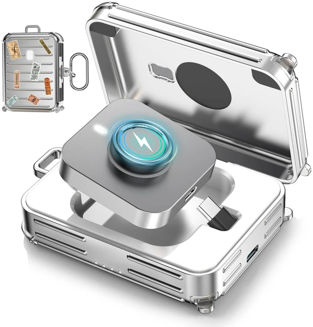 Main image of Funny Suitcase Charging Case for Oura Ring Gen 5/4/3 Charger, 1000mAh Portable Travel Power Station Fits All-Sized Oura Ring 5/4/3, 30-Day Runtime (Official Charger NOT Included) (Silver)