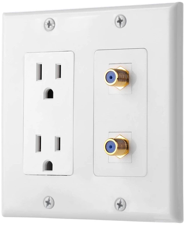Main image of 15A Power Outlet, 2 Port Coax Cable TV Gold-Plated F Type -Wall Plate in White
