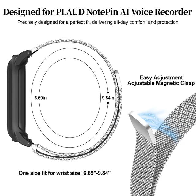 Alt view image 2 of 7 - Compatible with Plaud NotePin & Note Pin S AI Voice Recorder Strap+PC Frame Mesh Loop Wristband Stainless Steel Magnetic Clasp Replacement Band with PC Case for Plaid Notepin Accessories Women Men