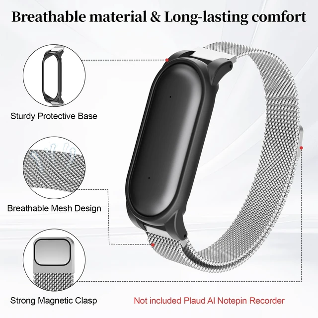 Alt view image 3 of 7 - Compatible with Plaud NotePin & Note Pin S AI Voice Recorder Strap+PC Frame Mesh Loop Wristband Stainless Steel Magnetic Clasp Replacement Band with PC Case for Plaid Notepin Accessories Women Men