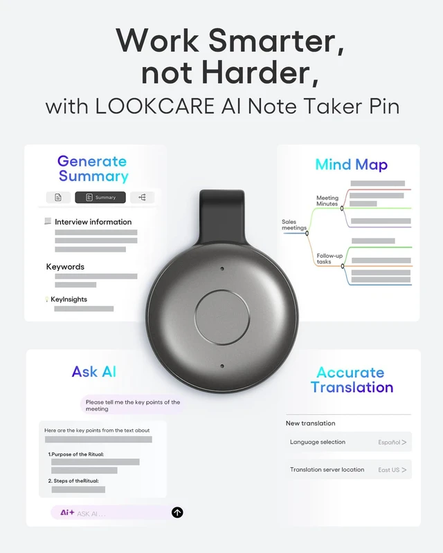 Alt view image 4 of 7 - AI Voice Recorder, Wearable AI Note Taker, Transcribe & Summarize Coin-Sized Magnetic AI Note Taker for Meetings, Interviews & Team Collaboration, 118 Languages, App Control, USB-C Charging