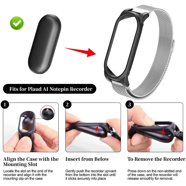Alt view image 6 of 7 - Compatible with Plaud NotePin & Note Pin S AI Voice Recorder Strap+PC Frame Mesh Loop Wristband Stainless Steel Magnetic Clasp Replacement Band with PC Case for Plaid Notepin Accessories Women Men