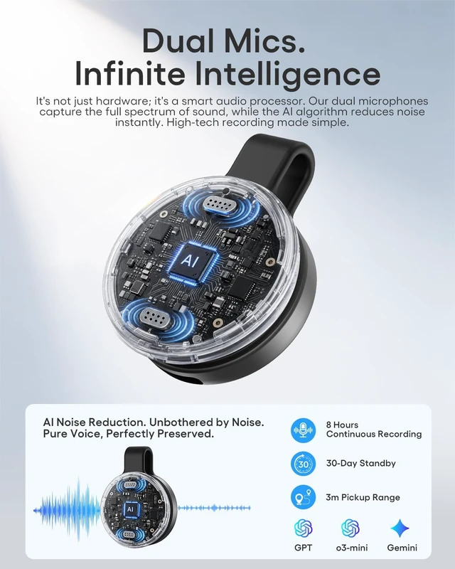 Alt view image 6 of 7 - AI Voice Recorder, Wearable AI Note Taker, Transcribe & Summarize Coin-Sized Magnetic AI Note Taker for Meetings, Interviews & Team Collaboration, 118 Languages, App Control, USB-C Charging