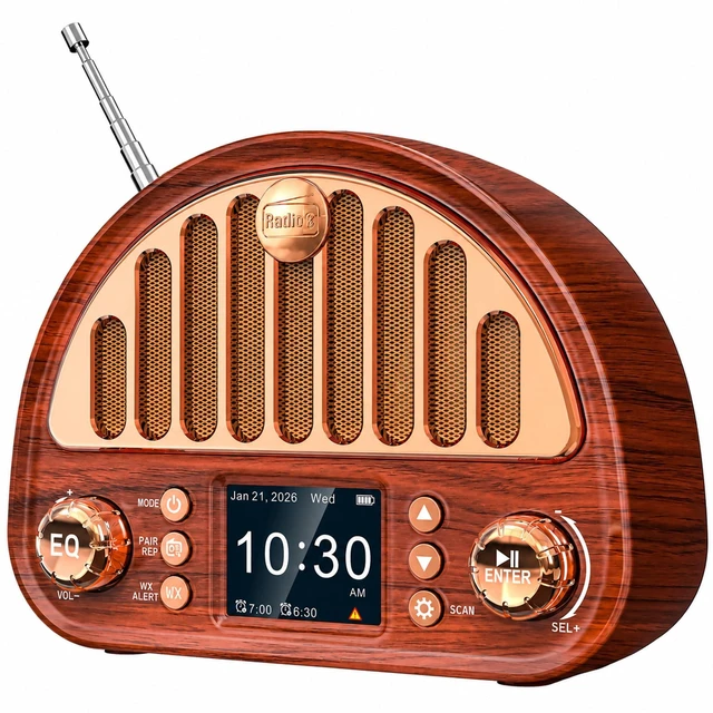 Main image of Retro Alarm Clock Radio with Bluetooth, Dual Alarms and NOAA Weather Alert 40-preset FM Radio, Vintage Wood-Grain, Color Display, Sleep Timer, 3000mAh Battery, USB-C, microSD and AUX for Bedside Use