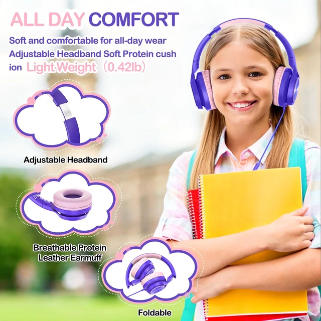 Alt view image 5 of 7 - Kids Headphones for School Travel with Upgrade USB C&3.5MM Jack Safe Volume 94dB, with Mic HD Stereo Sound Foldable On-Ear Headphones for Boys/Girls/Students/Tablet/Travel Purple