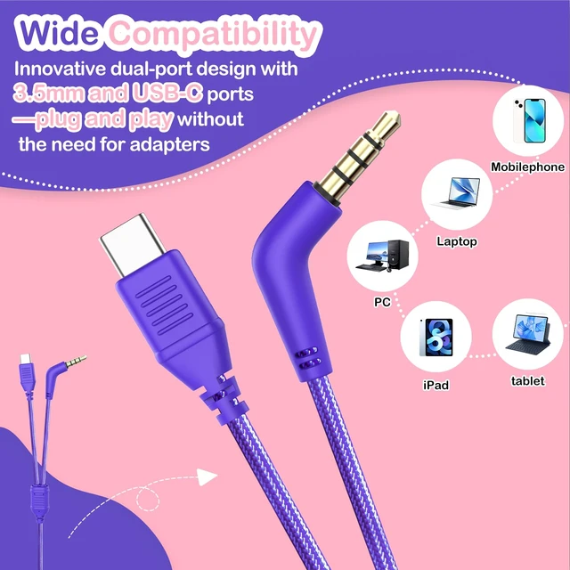 Alt view image 2 of 7 - Kids Headphones for School Travel with Upgrade USB C&3.5MM Jack Safe Volume 94dB, with Mic HD Stereo Sound Foldable On-Ear Headphones for Boys/Girls/Students/Tablet/Travel Purple