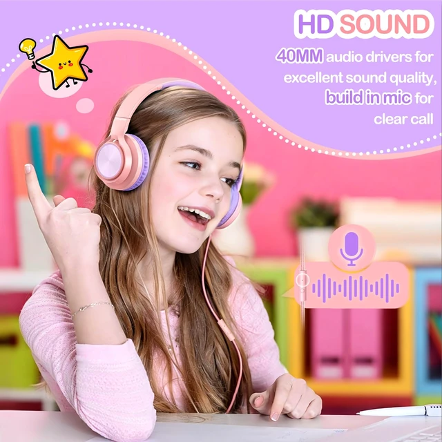 Alt view image 3 of 7 - Kids Headphones with Mic for School, USB C&3.5mm Wired Over Ear Headphones for Teens/Boys/Girls,Safe Volume Limited, HD Stereo Sound Foldable Headphones for Students/Tablet/Laptop/PC/Travel,Pink