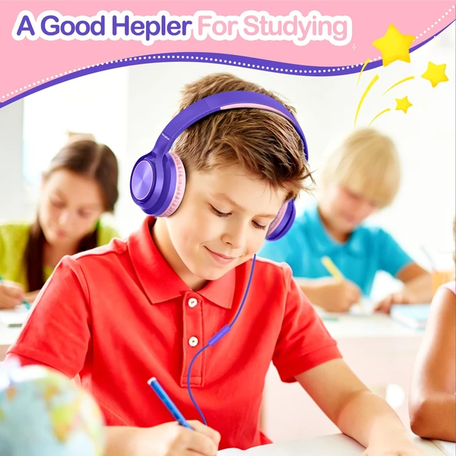 Alt view image 6 of 7 - Kids Headphones for School Travel with Upgrade USB C&3.5MM Jack Safe Volume 94dB, with Mic HD Stereo Sound Foldable On-Ear Headphones for Boys/Girls/Students/Tablet/Travel Purple