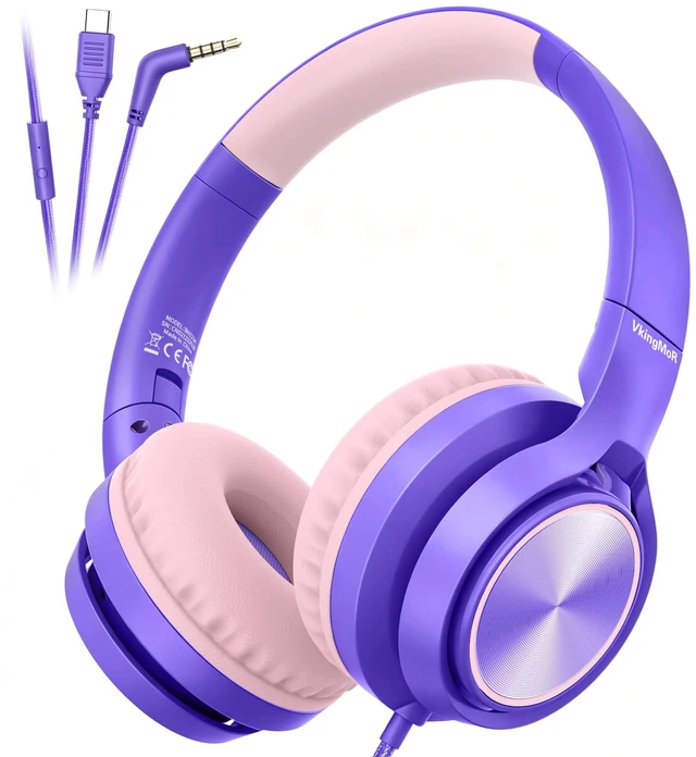 Main image of Kids Headphones for School Travel with Upgrade USB C&3.5MM Jack Safe Volume 94dB, with Mic HD Stereo Sound Foldable On-Ear Headphones for Boys/Girls/Students/Tablet/Travel Purple