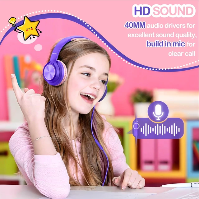 Alt view image 3 of 7 - Kids Headphones for School Travel with Upgrade USB C&3.5MM Jack Safe Volume 94dB, with Mic HD Stereo Sound Foldable On-Ear Headphones for Boys/Girls/Students/Tablet/Travel Purple