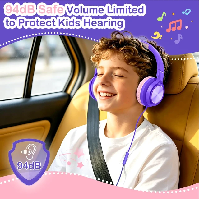 Alt view image 4 of 7 - Kids Headphones for School Travel with Upgrade USB C&3.5MM Jack Safe Volume 94dB, with Mic HD Stereo Sound Foldable On-Ear Headphones for Boys/Girls/Students/Tablet/Travel Purple